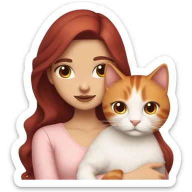girl with long very dark red hair and brown eyes and light pink outfit hugging a white & ginger cat  sticker