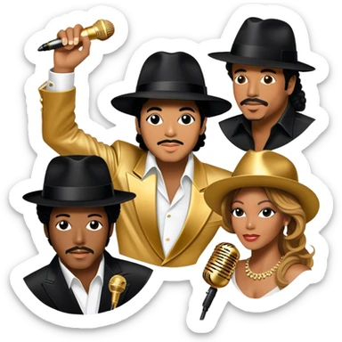 Icon for R&B Music: collage of iconic R&B artists—Michael Jackson, Beyoncé, Lionel Richie, Whitney Houston, and Barry White. Each artist represented by a silhouette or symbolic item (like a glove, microphone, or fedora). Transparent background. sticker