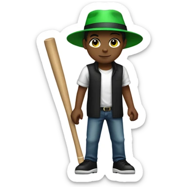 A boy with black hat and a hat on , white shirt with green on the top going to the sleeves , rolled jeans, black shoes on with a baseball bat in his hands  sticker