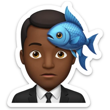 A man dressed in a black suit. His face is that of a fish — therefore, he has NO human face!! The fish’s face is positioned vertically, meaning its mouth is facing upward. Ok? sticker