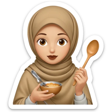 a woman wearing a pashmina hijab is eating while holding a spoon sticker