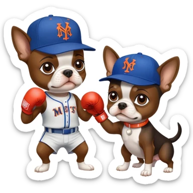 Brown Boston terrier wearing a New York Mets hat boxing a Yorkie with a New York Yankees hat sticker