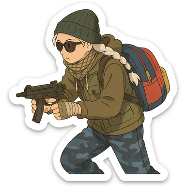 1 female, long white braid, knit cap, dark sunglasses, shemegh neckwrap, fishing vest, vibrant shool backpack, drab hoodie, handwraps, blue camo pants, tactical reload of a VZ-64 Scorpion, hunched over, on the move sticker
