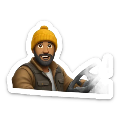 Guy wearing a beanie with a beard driving a truck sticker