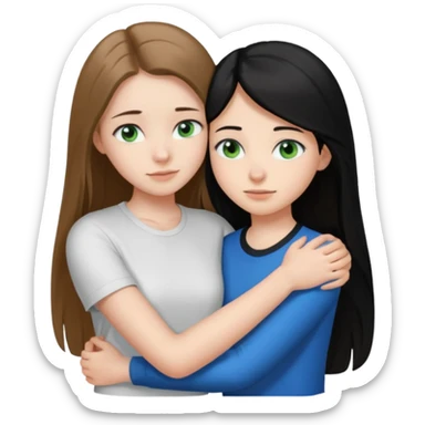 una ragazza dall‘ età di 19 anni con capelli castani chiaro lunghi e lisci ,  occhi blu  ,  e una ragazza di 17 anni capelli neri occhi verdi che si abbracciano e con una maglia bianca o nera  sticker