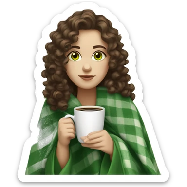 Brunette Slavic white girl green eyes medium curly hair with a coffee cup and blanket  sticker