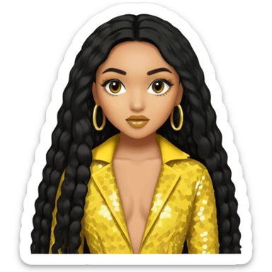 Leigh-Anne Pinnock from Little Mix with long black hair, yellow sequin outfit sticker