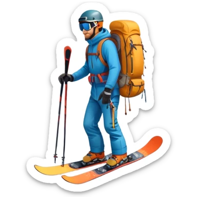 Icon for Mountain Tourism: a snow-covered peak in the distance, with skis, a snowboard, climbing gear, a backpack, and a camera. The icon should represent the adventure and exploration of mountain landscapes. Transparent background. sticker