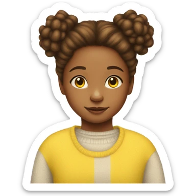 10 year old girl with brown fluffy hair in buns with a yellow yellow kitty jumper sticker