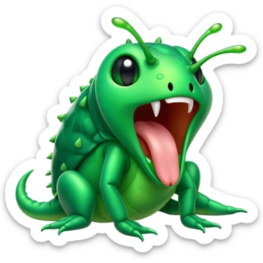 Cinematic Cute Yawning Green Bugdie Portrait Emoji, Head tilted slightly with a dramatic, wide-open yawn, showcasing a smooth, vibrant emerald exoskeleton with delicate patterns and tiny drooping antennae, round multifaceted eyes barely open in drowsy contentment, Simplified yet irresistibly adorable features, highly detailed, glowing with a soft, cozy glow, high shine, relaxed yet expressive, stylized with a touch of whimsy, bright and endearing, soft glowing outline, capturing the essence of a sleepy yet endearing insect, so drowsy it feels like it could stretch out of the screen and curl up for a nap! sticker