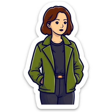 woman wearing dark olive green jacket over a lighter green top sticker
