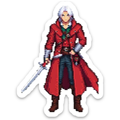 Dante from Devil May Cry with white hair, red coat, sword sticker