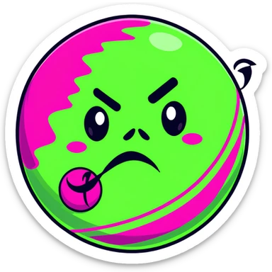 magenta pink planet with swirls and an angry scowling face sticker