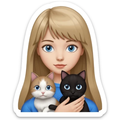 Apple-style emoji sticker of a young woman with long dark blond hair and bang, blue eyes , holding a black and white cat sticker