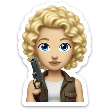 blonde curly hair blue eyes with shot gun sticker
