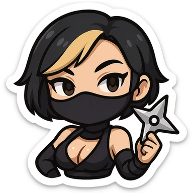 Sexy chibi ninja girl with black short hair and a blonde streak, only head and arms, bold outlines, transparent background, different pose: holding a ninja star in one hand, confident expression, sized for Twitch emoji use. sticker