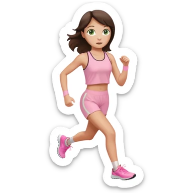 a white brunette girl with green eyes and freckles going for a run in a light pink outft sticker