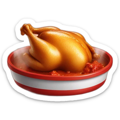 a perfectly cooked chicken in a red dish, smoking because it's hot. sticker