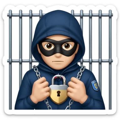 emoji of a masked thief gripping prison bars with a padlock and police badge visible, chains in the background sticker