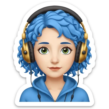 blue haired earringed heaphone wearing middle aged woman very very curly long haired and hazel small eyes sticker