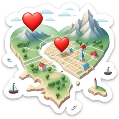 Detailed cartography map with soft ethereal coloring, containing red heart pins marking romantic locations and different symbols for other life experiences sticker