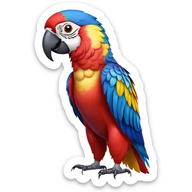 cinematic-macaw-realistic-full-body-standing-emoji,-vibrant-feathers-glowing-with-rich-reds,-blues,-and-yellows,-head-tilted-dramatically,-curved white-beak-gleaming,-piercing-dark-eyes-exuding-confidence,-simplified-yet-realistic-focused sticker