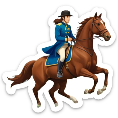 An icon showcasing a majestic horse and rider in full gallop across a lush green field. The background features a clear sky, distant mountains, and a vibrant landscape. The rider wears traditional gear, while the horse leaps with grace and power.  sticker