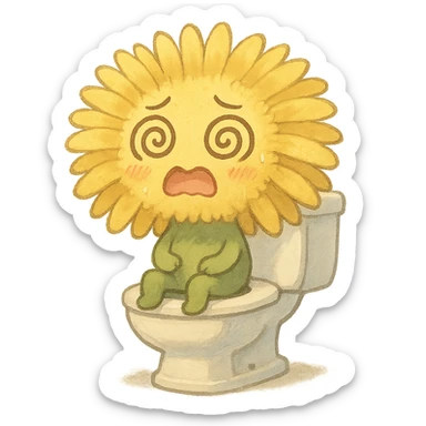 lemon yellow dandelion flower with a shocked face, sitting on a toilet with swirls in the eyes, soft colors, chibi expression sticker