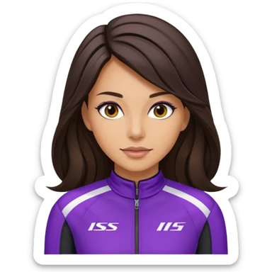 brunette long hair woman with black racing outfit with purple strips sticker