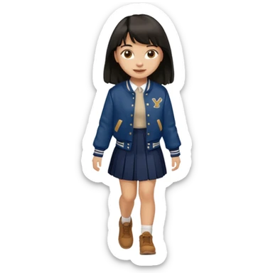 black color long hair with fringe, light skin long hair girl with brown varsity jacket and navy long skirt walking

 sticker