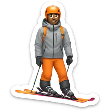 Male skier wearing gray jacket and orange pants sticker