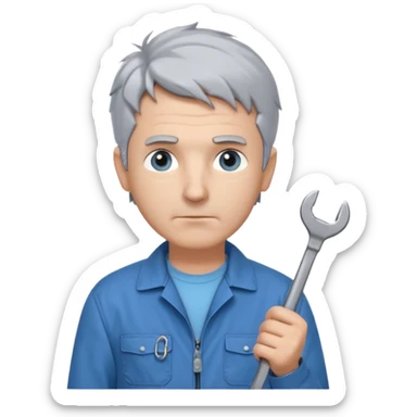 Calm and independent male technician, fair skin, short tousled grey hair, cool light-blue eyes, serious but composed expression, wearing a blue work jacket over a grey t-shirt, holding a wrench in one hand and a mechanical gear in the other, waist-up, front-facing sticker