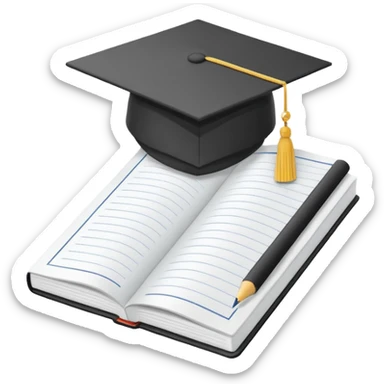 Front-facing school notebook with a small graduation cap on top, minimal line-art, clean modern style, straight angle, simple outlines, slightly 3D, no background, transparent, represents “school / sixth form / Year 13 sticker