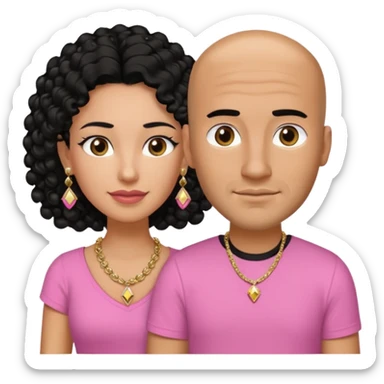 A picture if a couple. the man is a Mexican man with tanned skin, black hair, a bald hair cut, short boxed beard, and wearing a black shirt. the woman is mixed with black and white, with brown curly long hair, gold diamond earrings, a gold chain necklace and wearing a pink shirt on with big boobs sticker