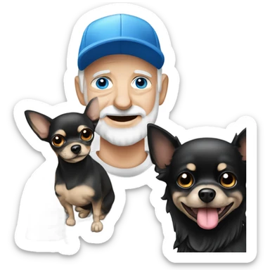 Old man blue eyes goatee beard ball cap holding cute black long fur Chihuahua sticker