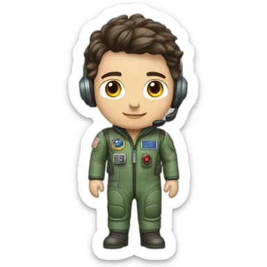 A young white male tennager with dark brown hair and brown eyes in a pilot suit and wearing a green Pilot headset sticker