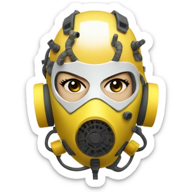 Dark yellow Mohawk female cyborg head with white respirator mask and circuits sticker