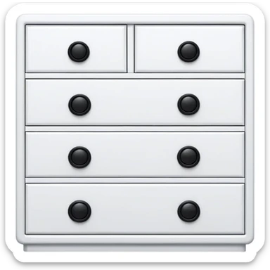 minimalist white chest with 6 drawers, each with one small black knob, stacked neatly sticker