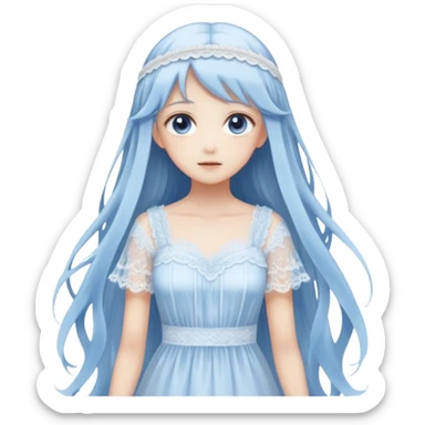 Beautiful ethereal pastel transparent translucent Gorgeous spectral dark greyish-blue whitish gloomy spectral Anime Poltergeist Lady with long hair with a beautiful white silky lace dress with a silky lace head band sticker