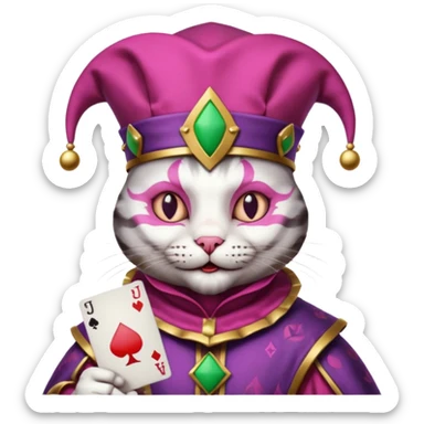 court jester cat medieval, single poker card joker clearly visible, pink, face only, round badge,  court jester cap sticker