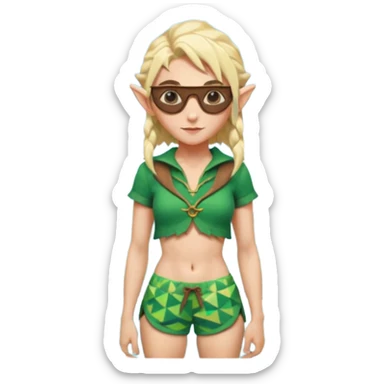 elf female legolas portrait, patterned board shorts (geometric/abstract), unique wooden-framed sunglasses, undercut hairstyle, slight smirk, visible pointy ears, no background, centered emoji, hipster summer vibe coctails sticker