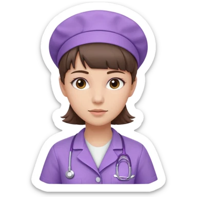 A young female slim nurse with short Brown hair with fringe over her forehead, wearing larvendar purple working cloth, without hat sticker