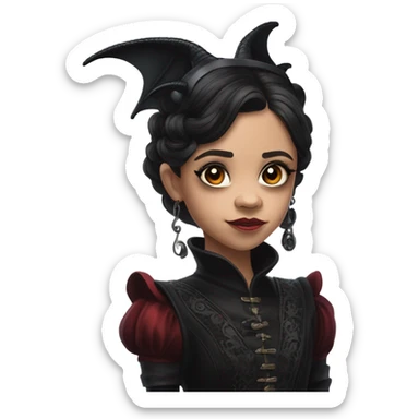 surprised Lavish Victorian black evening gown with see-through gloves, Jenna Ortega as Addams girl Jedi wearing a steampunk mini tiara, very large blood red evil-looking horned dragon sticker
