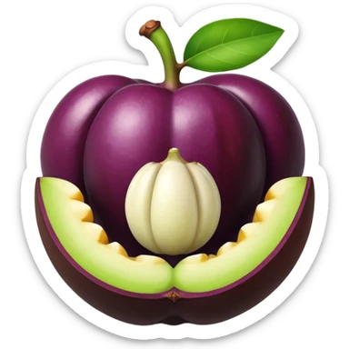 whole mangosteen with thick deep purple rind and green segmented calyx on top, next to a halved fruit revealing glossy white segmented flesh inside, soft juicy interior, firm outer shell, no leaves plate or extras, apple emoji style, soft lighting, subtle shadows, transparent background, emoji scale sticker