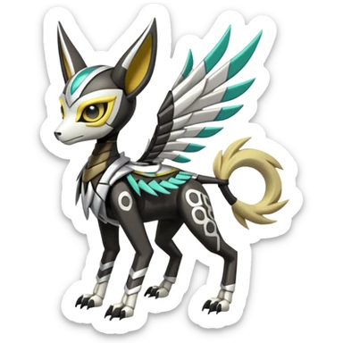 Futuristic feral quadrupedal Arrow-patterned chevron-marked Big-eyed anime-styled Colorful Shiny Tribal Skeletal masked armored Meloetta-Silvally-Solgaleo-Raikou-Pokémon-Digimon-Fakémon-fusion-hybrid-creature, full body sticker