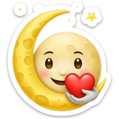 Smiling moon holding glowing heart sticker