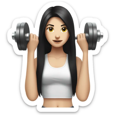 Pale girl with long black hair lifting weights sticker