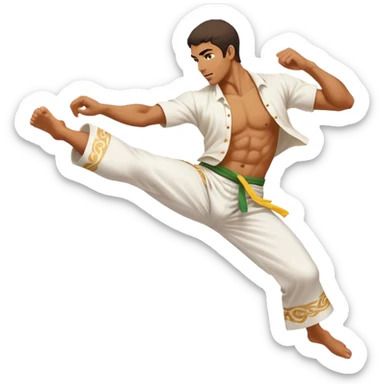 A Brazilian man as a capoeira fighter in mid-air performing a spinning kick, with Brazilian features, tan skin tone, wearing traditional white capoeira pants and a cord, vibrant and flowing pose, surrounded by motion swirls sticker