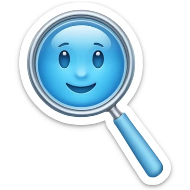 A 3D emoji-style magnifying glass, smooth rounded shapes, soft gradient blue ring, glossy plastic material, subtle highlights and reflections, simple minimal design, pastel blue color, slightly thick proportions, soft lighting, clean white background, modern emoji aesthetic, centered composition sticker