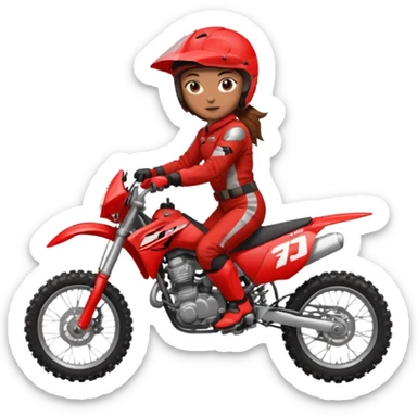 Girl with hair brown with a suit for dirtbike riding a red honds dirt bike sticker